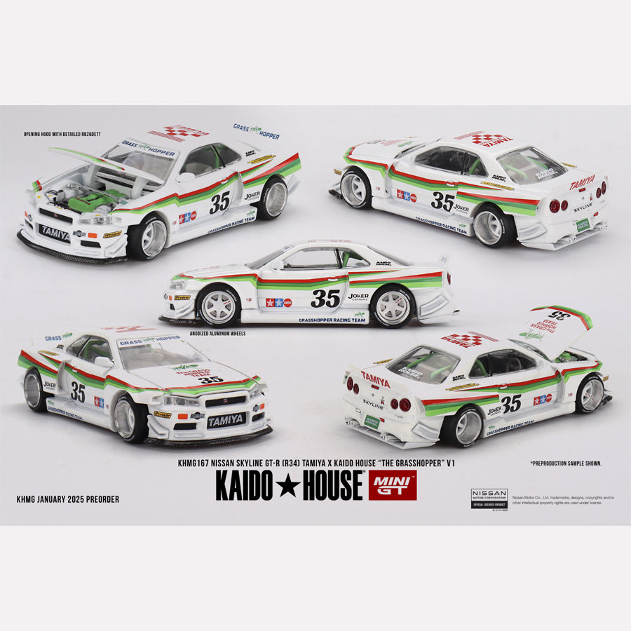 MiniGT KAIDO HOUSE Nissan Skyline GT-R (R34) TAMIYA "The GRASSHOPPER" V1
