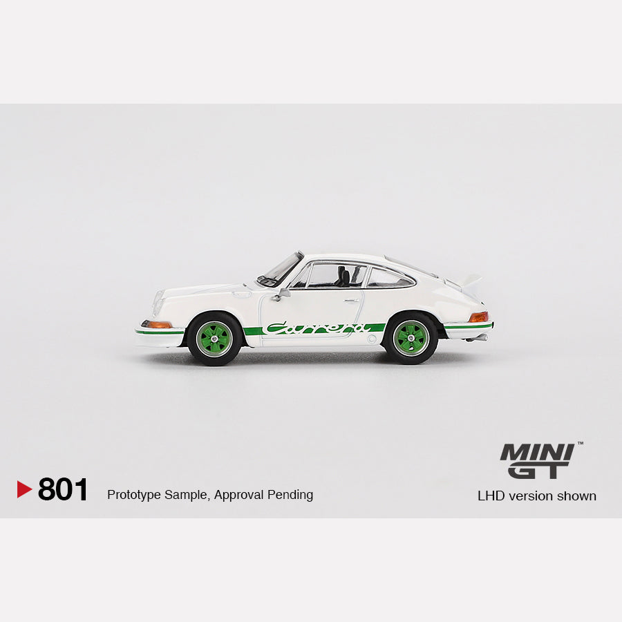 MiniGT #801 Porsche 911 Carrera RS 2.7 Grand Prix White with Green Livery