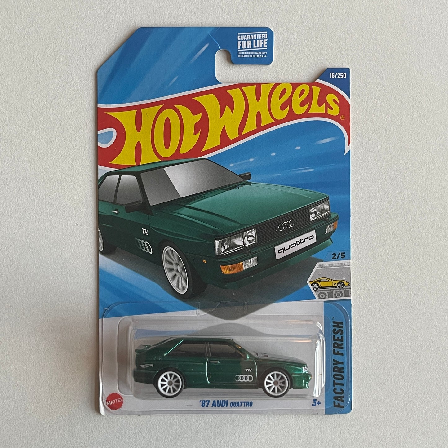 Hot Wheels '87 Audi Quattro (Green) Long Card (Damaged) Factory Fresh 16/250 Super Treasure Hunt