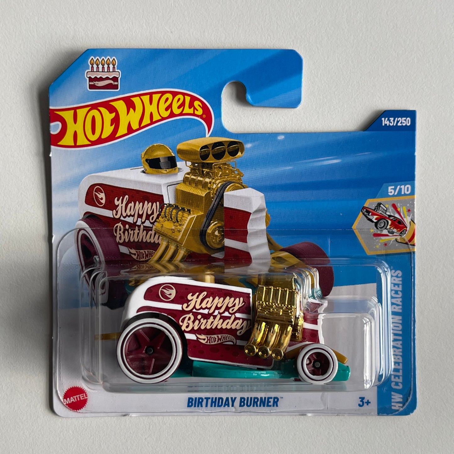 Hot Wheels Birthday Burner (Brown/White) Short Card HW Celebration Racers 143/250 Treasure Hunt