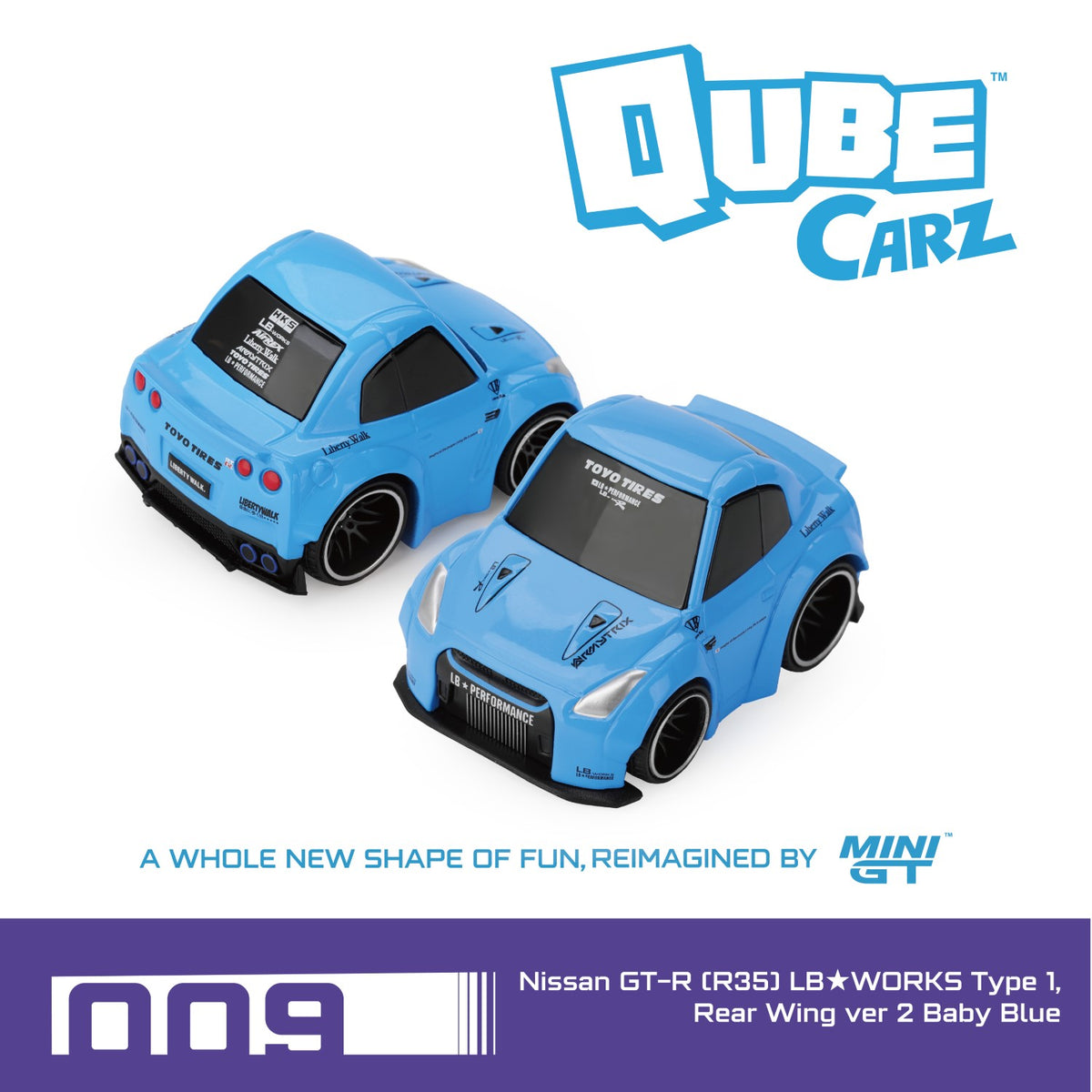 MiniGT Qube Carz #009 Nissan GT-R (R35) LB WORKS Type 1, Rear Wing ver 2 Baby Blue