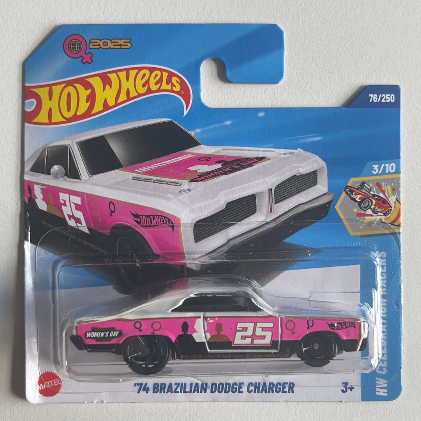 Hot Wheels Women's Day '74 Brazilian Dodge Charger (White/Pink) Short Card (Damaged) HW Celebration Racers 76/250