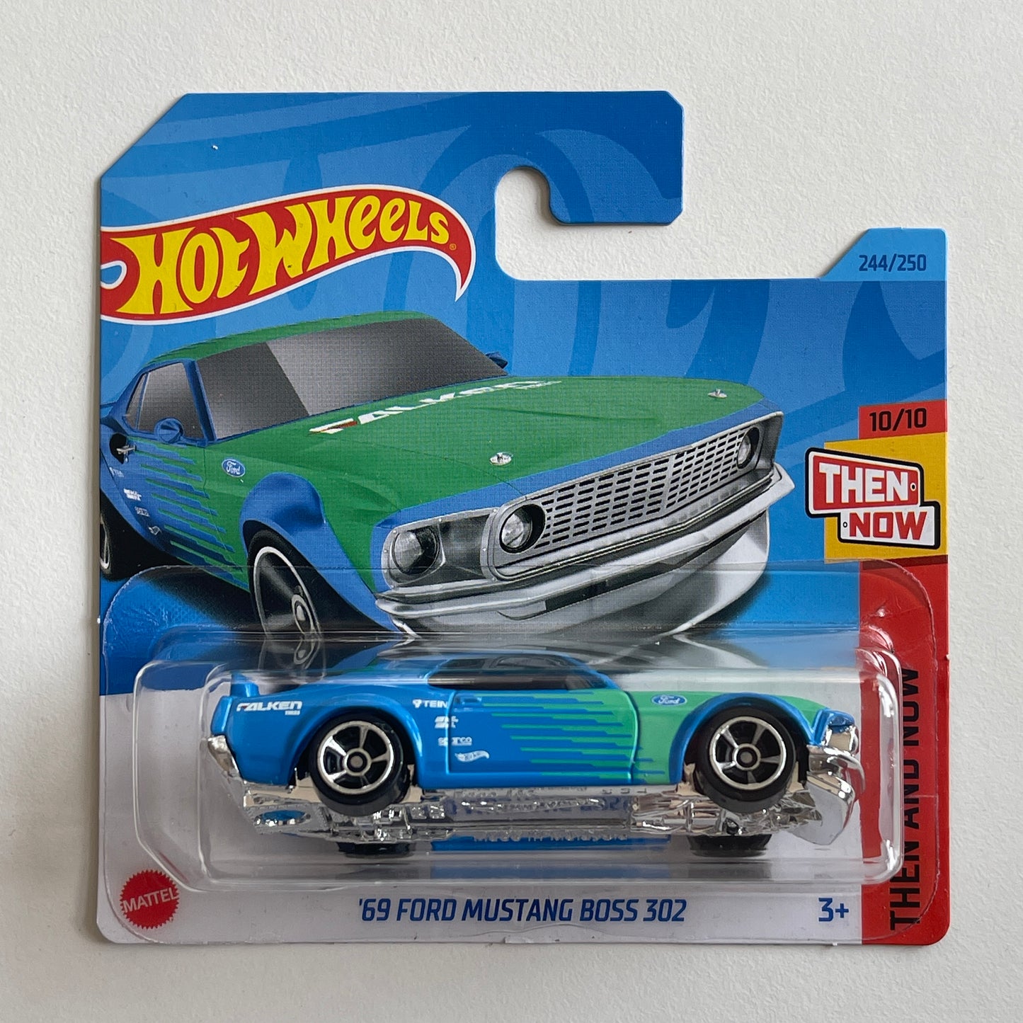 Hot Wheels '69 Ford Mustang Boss 302 (Falken Blue) Short Card Then And Now 244/250