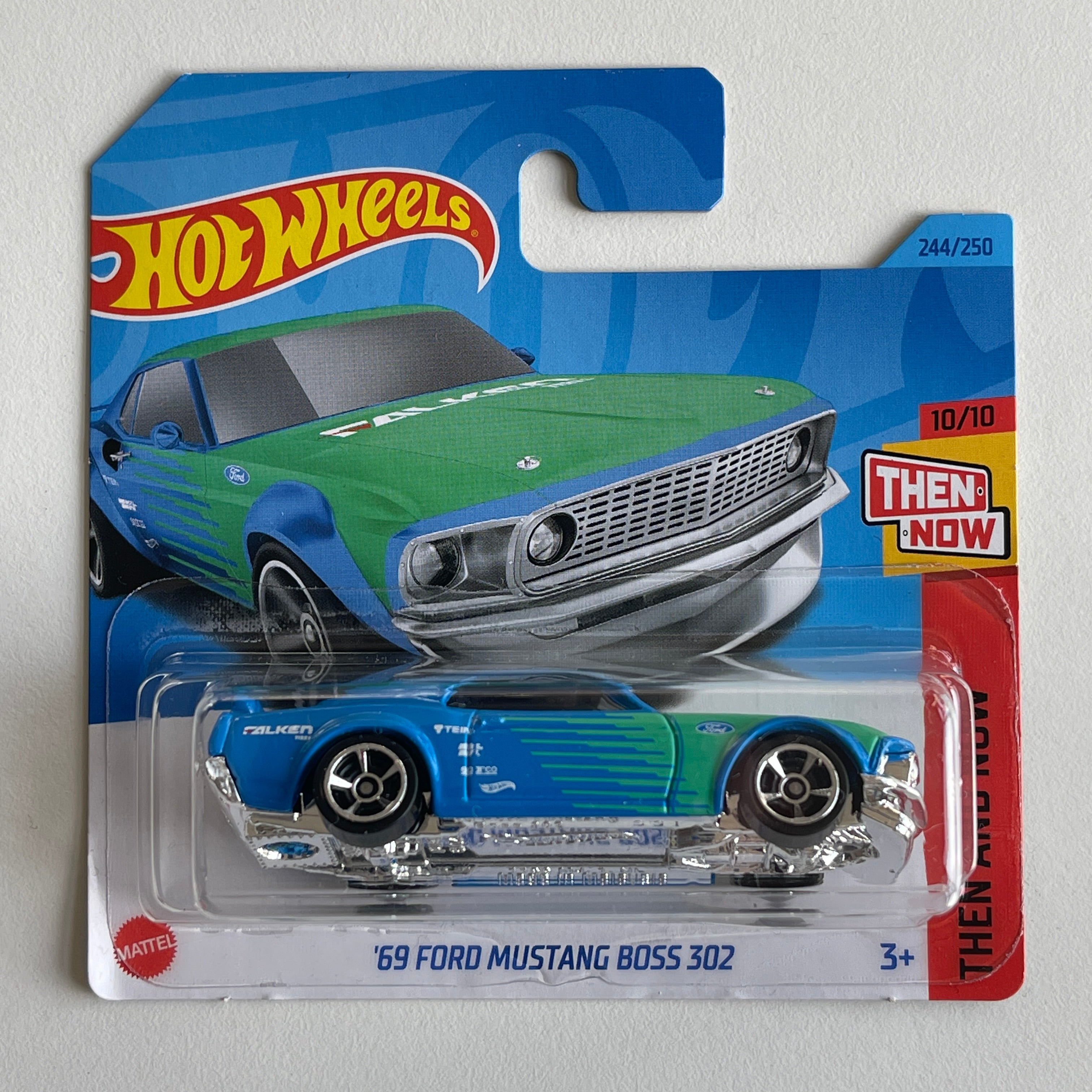 Hot Wheels 69 Ford Mustang Boss 302 Falken Blue Short Card Damaged Then And Now 244 250