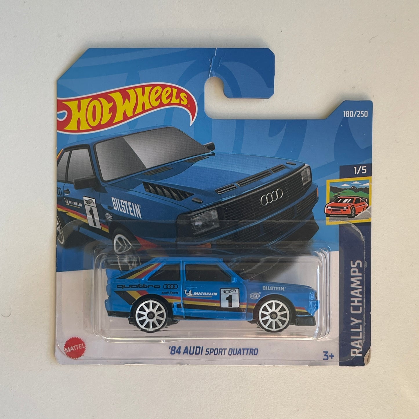 Hot Wheels '84 Audi Sport Quattro (Blue) Short Card (Damaged) Rally Champs 180/250