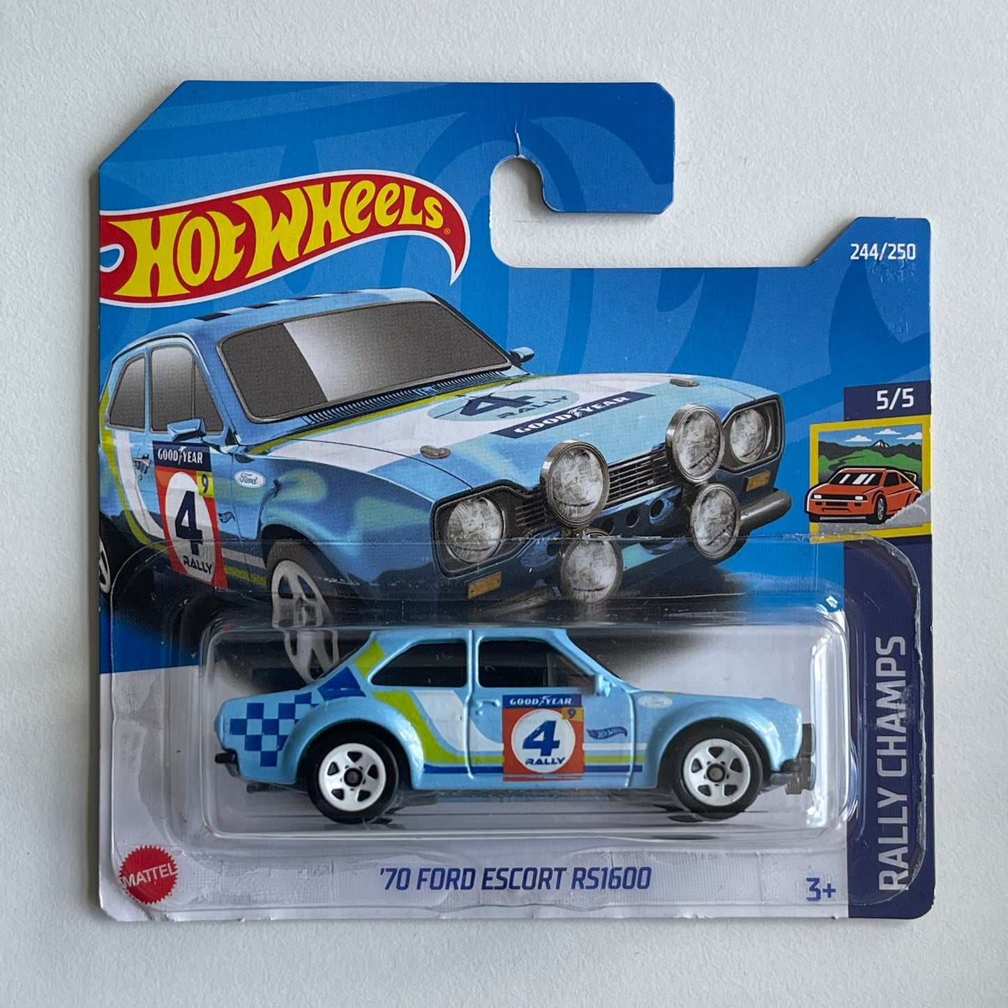 Hot Wheels '70 Ford Escort RS1600 (Blue) Short Card (Damaged) Rally Champs 244/250