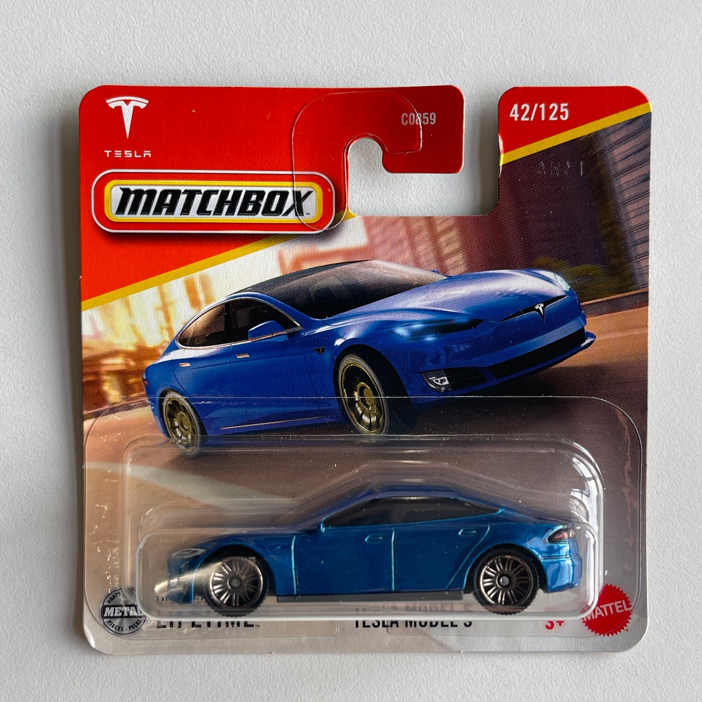 Matchbox Tesla Model S (Blue) Short Card (Damaged)