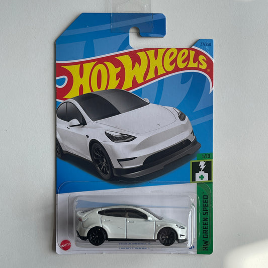 Hot Wheels Tesla Model Y (White) Long Card (Damaged) HW Green Speed 37/250