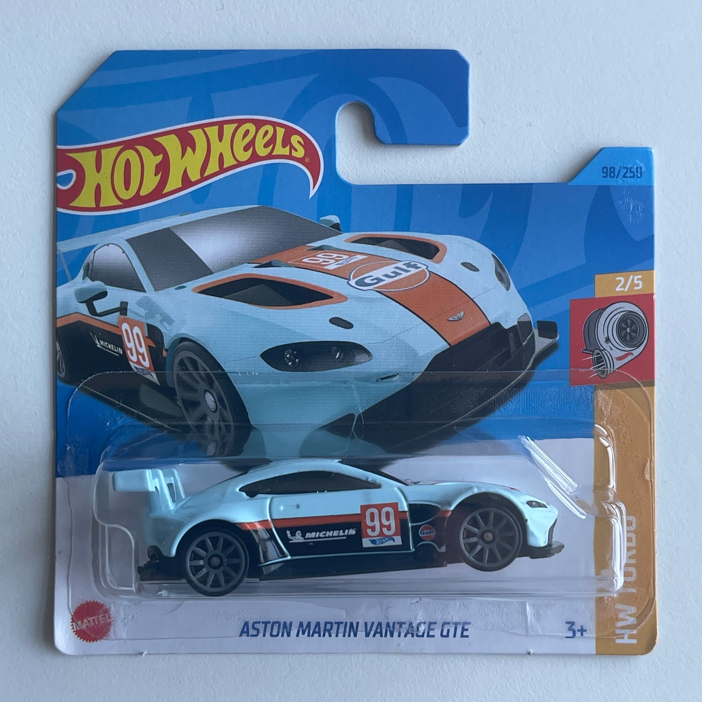 Hot Wheels Gulf Aston Martin Vantage GTE (Light Blue) Short Card (Damaged) HW Turbo 98/250