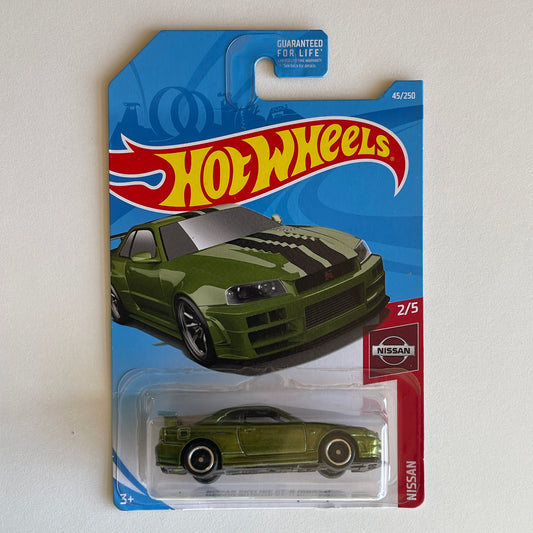 Hot Wheels STH Nissan Skyline GTR (BNR34) (Green) Long Card (Damaged) Nissan 45/250 Super Treasure Hunt (Copy)