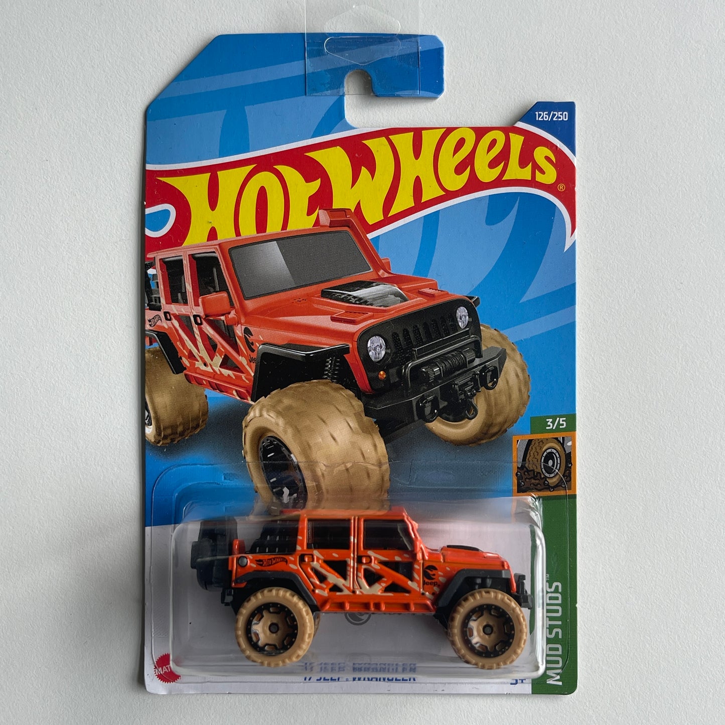 Hot Wheels '17 Jeep Wrangler (Orange) Long Card (Damaged) Mud Studs 126/250 Treasure Hunt