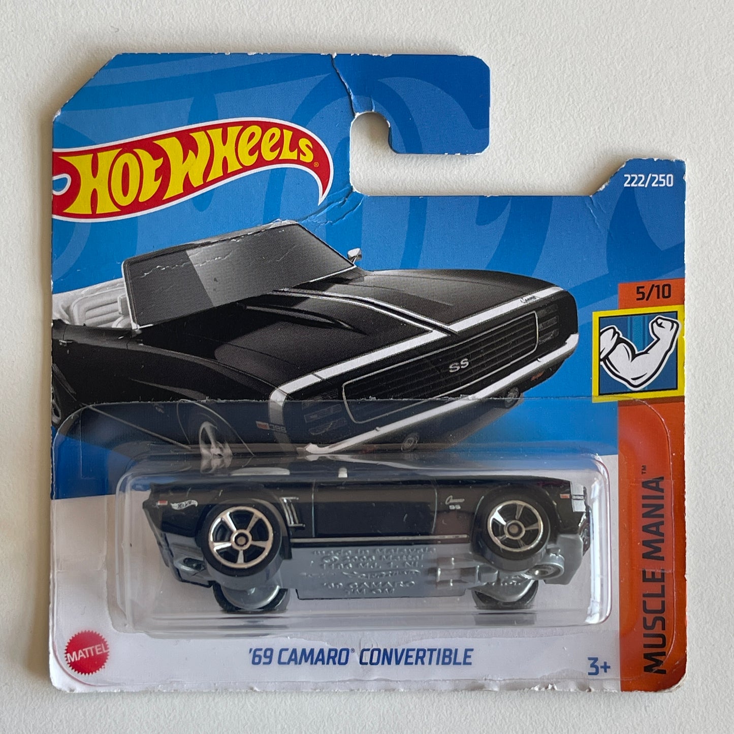 Hot Wheels '69 Camaro Convertible (Black) Short Card (Damaged) Muscle Mania 222/250