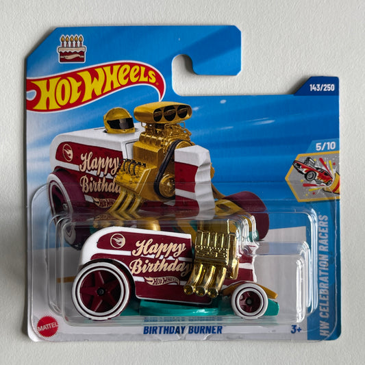 Hot Wheels Birthday Burner (Brown/White) Short Card (Damaged) HW Celebration Racers 143/250 Treasure Hunt