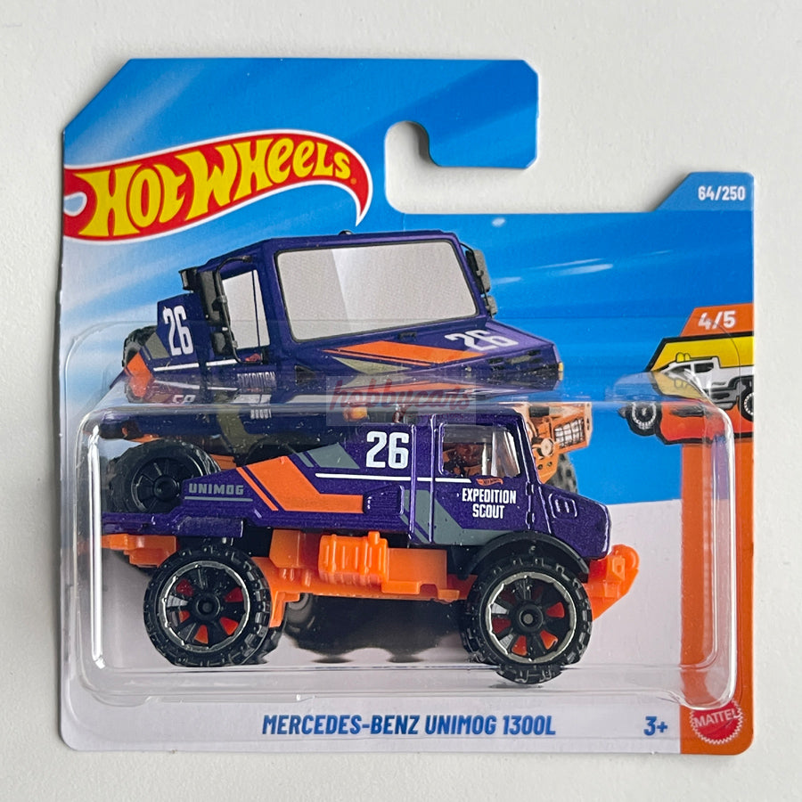 Hot Wheels Mercedes-Benz Unimog 1300L (Purple/Orange) Short Card (Damaged) Truckin' Along 64/250