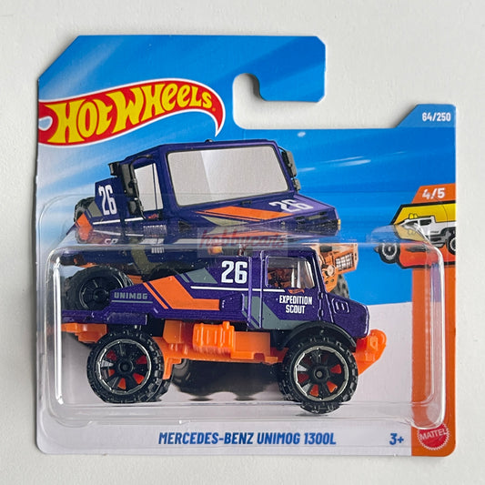 Hot Wheels Mercedes-Benz Unimog 1300L (Purple/Orange) Short Card (Damaged) Truckin' Along 64/250