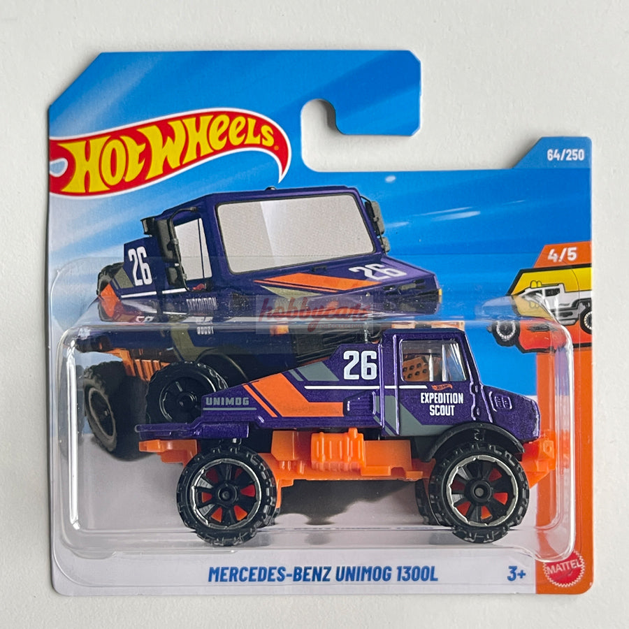 Hot Wheels Mercedes-Benz Unimog 1300L (Purple/Orange) Short Card Truckin' Along 64/250