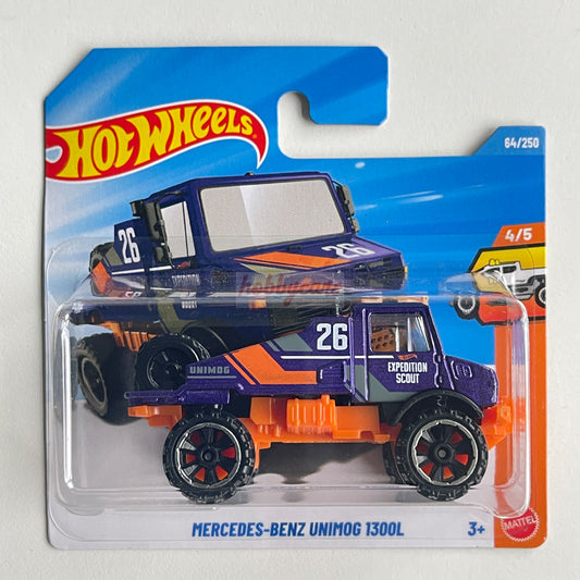 Hot Wheels Mercedes-Benz Unimog 1300L (Purple/Orange) Short Card Truckin' Along 64/250