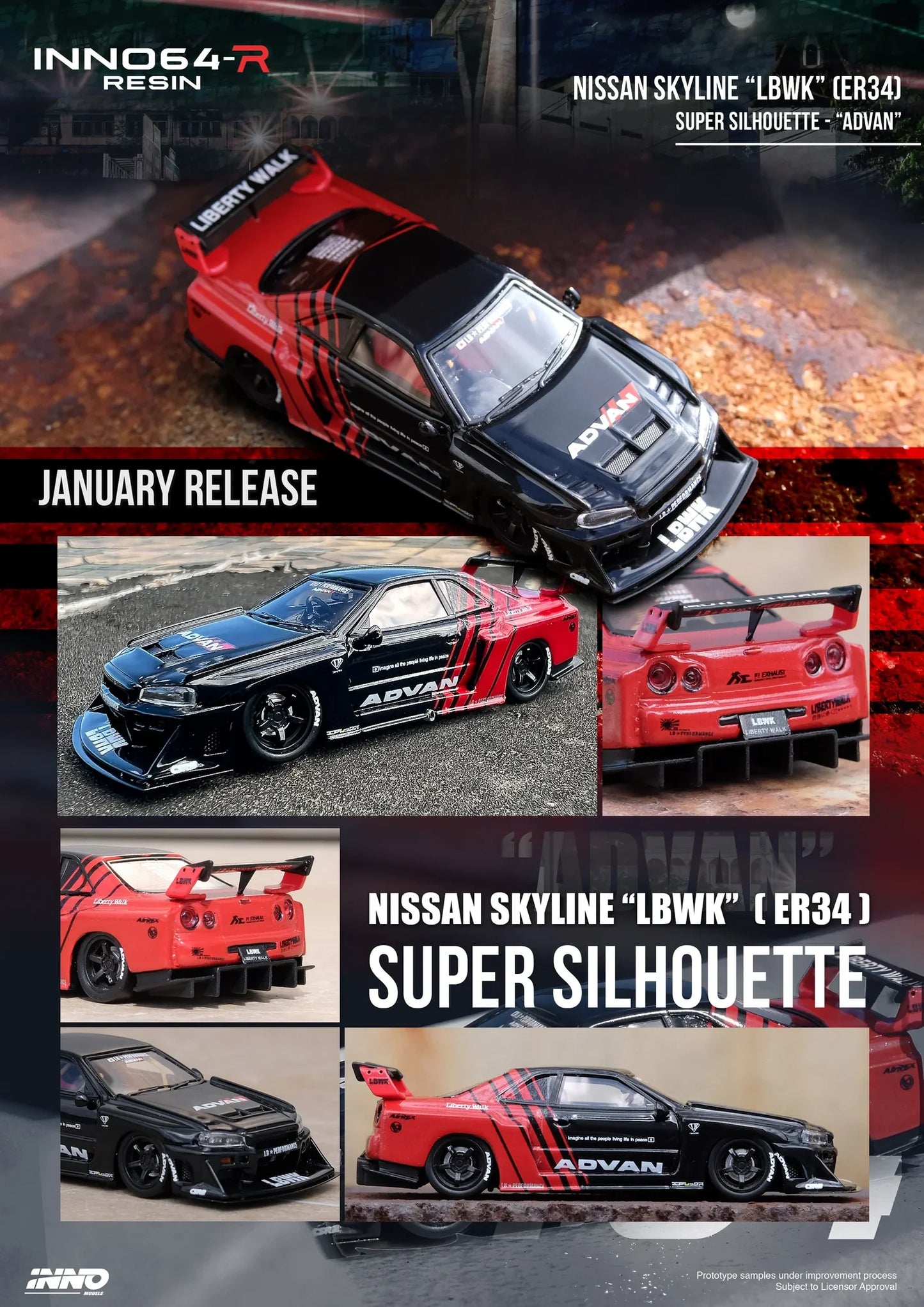 Inno64 Resin Nissan Skyline 'LBWK' (ER34) Super Silhouette Advan Livery Red & Black