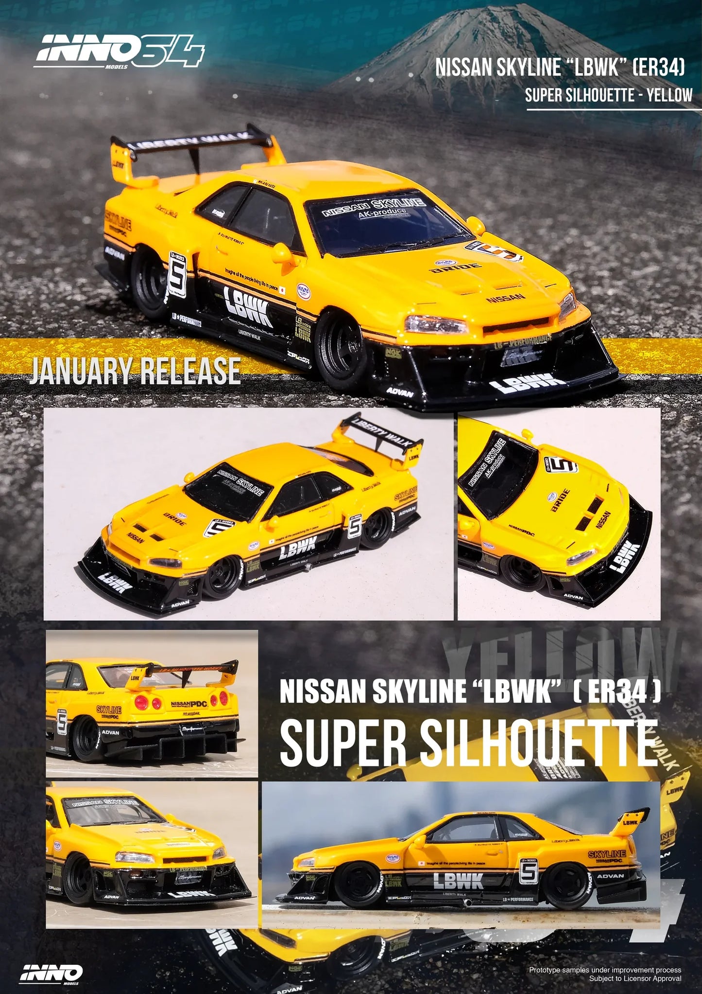 Inno64 Resin Nissan Skyline 'LBWK' (ER34) Super Silhouette Yellow