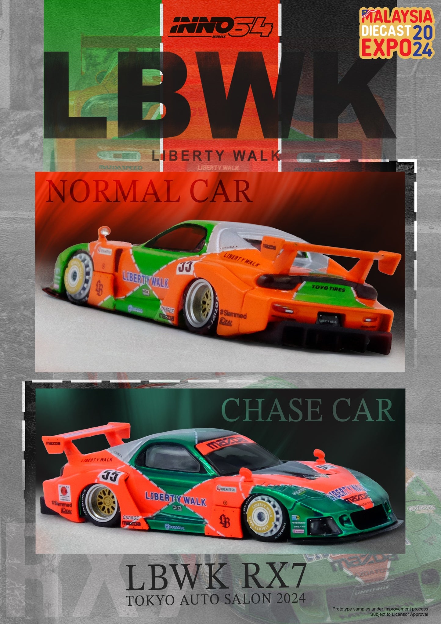 Inno64 Mazda RX7 (FD3S) LB-Super Silhouette LBWK Malaysia Diecast Expo 2024 Orange Green