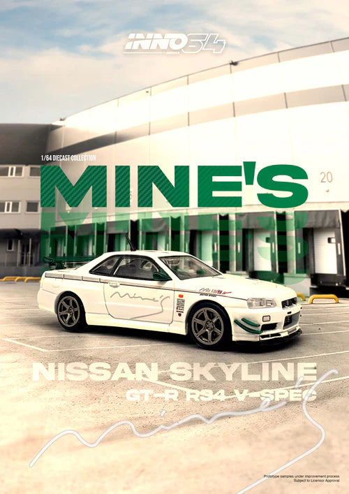 [PREORDER] Inno64 Nissan Skyline GT-R (R34) V-Spec Tuned by Mine`s White/Green