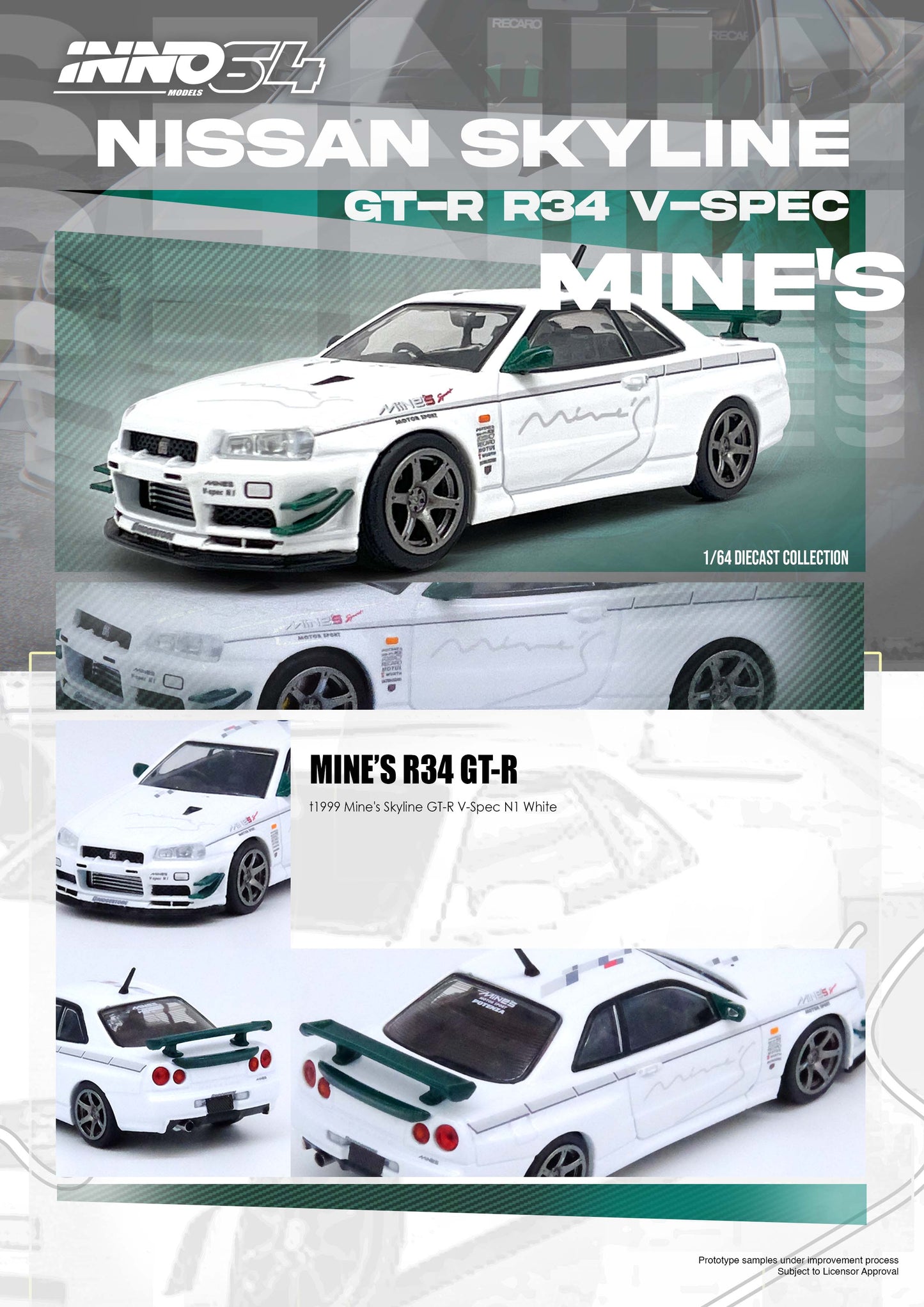 [PREORDER] Inno64 Nissan Skyline GT-R (R34) V-Spec Tuned by Mine`s White/Green