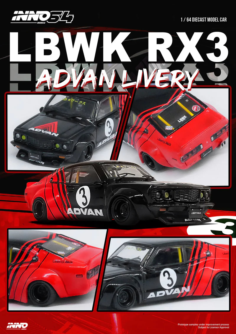 [PREORDER] Inno64 LBWK Mazda RX3 Savanna Advan Black/Red